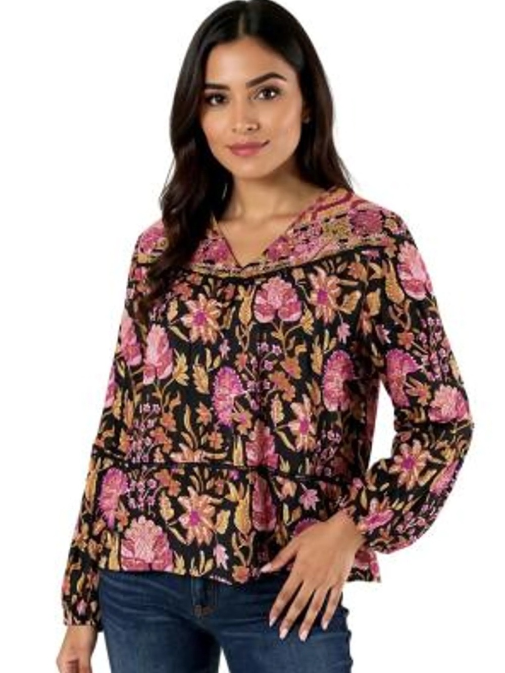 Rachel Zoe Embroidered Floral Boho Peasant Blouse Black Pink Cotton M Festival
